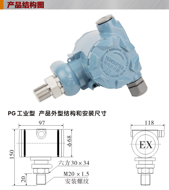 擴散硅壓力變送器,PG1300Y壓力變送器結構圖