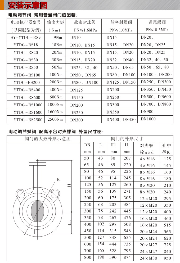 電動調節閥,YTDG-RS電動調節蝶閥,電動蝶閥安裝示意圖