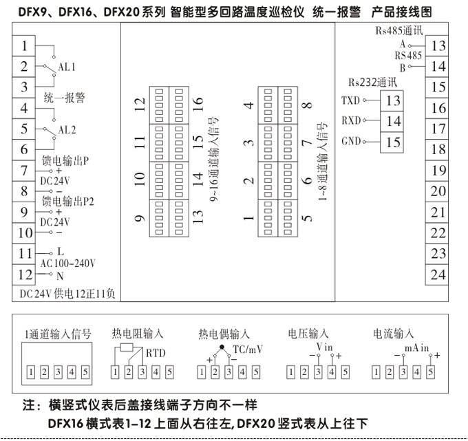 智能溫度巡檢儀，DFX16液晶溫度巡檢儀，多回路巡檢控制儀接線方式3